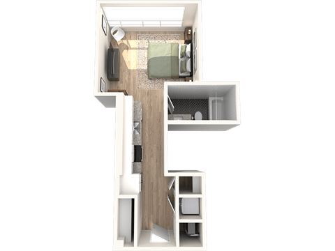 A white and wood staircase with a green rug on the landing.